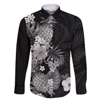 Hawaii Pineapple Tropical Family Matching Puletasi and Hawaiian Shirt Neutral Hibiscus Plumeria LT01 Dad's Shirt - Long Sleeve Black - Polynesian Pride