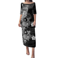 Hawaii Pineapple Tropical Family Matching Puletasi and Hawaiian Shirt Neutral Hibiscus Plumeria LT01 Mom's Dress Black - Polynesian Pride