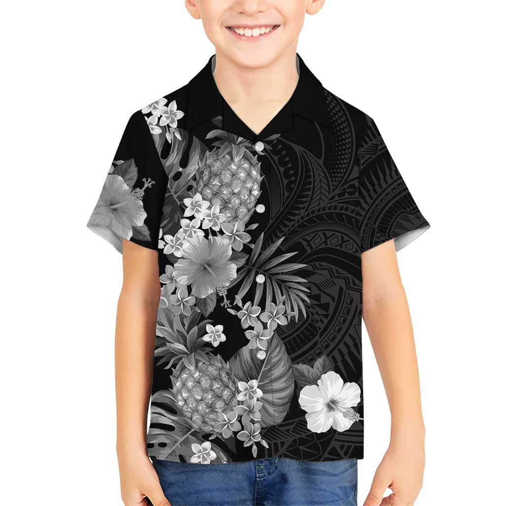 Hawaii Pineapple Tropical Family Matching Puletasi and Hawaiian Shirt Neutral Hibiscus Plumeria LT01 Son's Shirt Black - Polynesian Pride