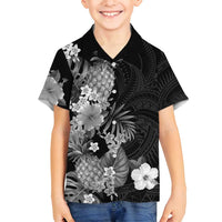 Hawaii Pineapple Tropical Family Matching Puletasi and Hawaiian Shirt Neutral Hibiscus Plumeria LT01 Son's Shirt Black - Polynesian Pride