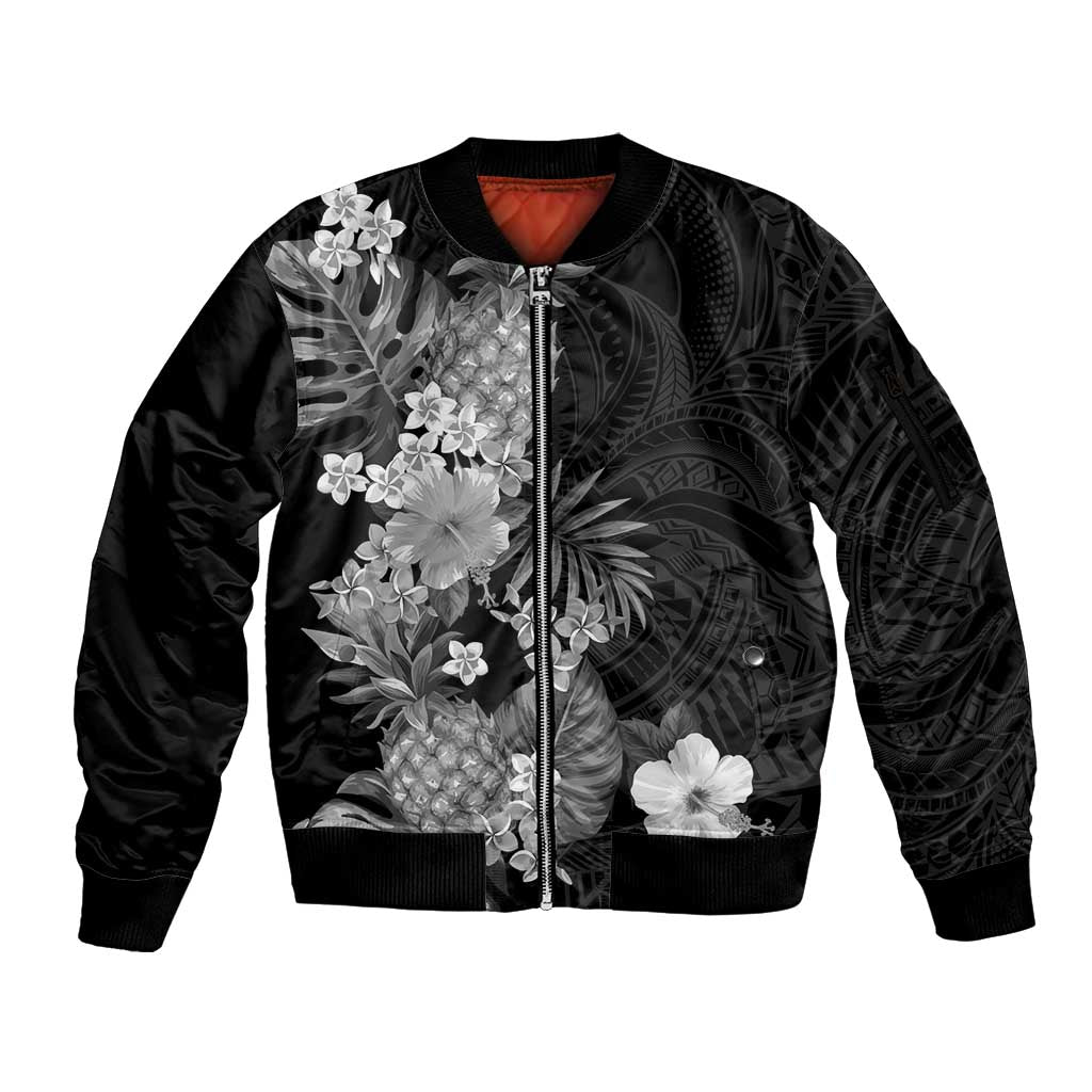 Hawaii Pineapple Tropical Sleeve Zip Bomber Jacket Neutral Hibiscus Plumeria