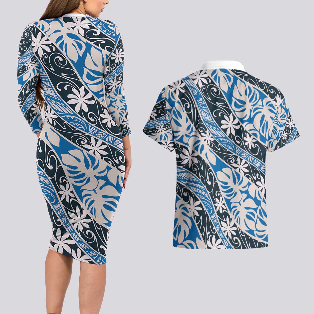 Ninamu Tahiti Tiare Monstera Couples Matching Long Sleeve Bodycon Dress and Hawaiian Shirt Polynesian Pattern Curve Style - Polynesian Pride
