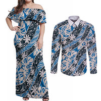 Ninamu Tahiti Tiare Monstera Couples Matching Off Shoulder Maxi Dress and Long Sleeve Button Shirt Polynesian Pattern Curve Style - Polynesian Pride
