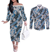 Ninamu Tahiti Tiare Monstera Couples Matching Off The Shoulder Long Sleeve Dress and Long Sleeve Button Shirt Polynesian Pattern Curve Style - Polynesian Pride