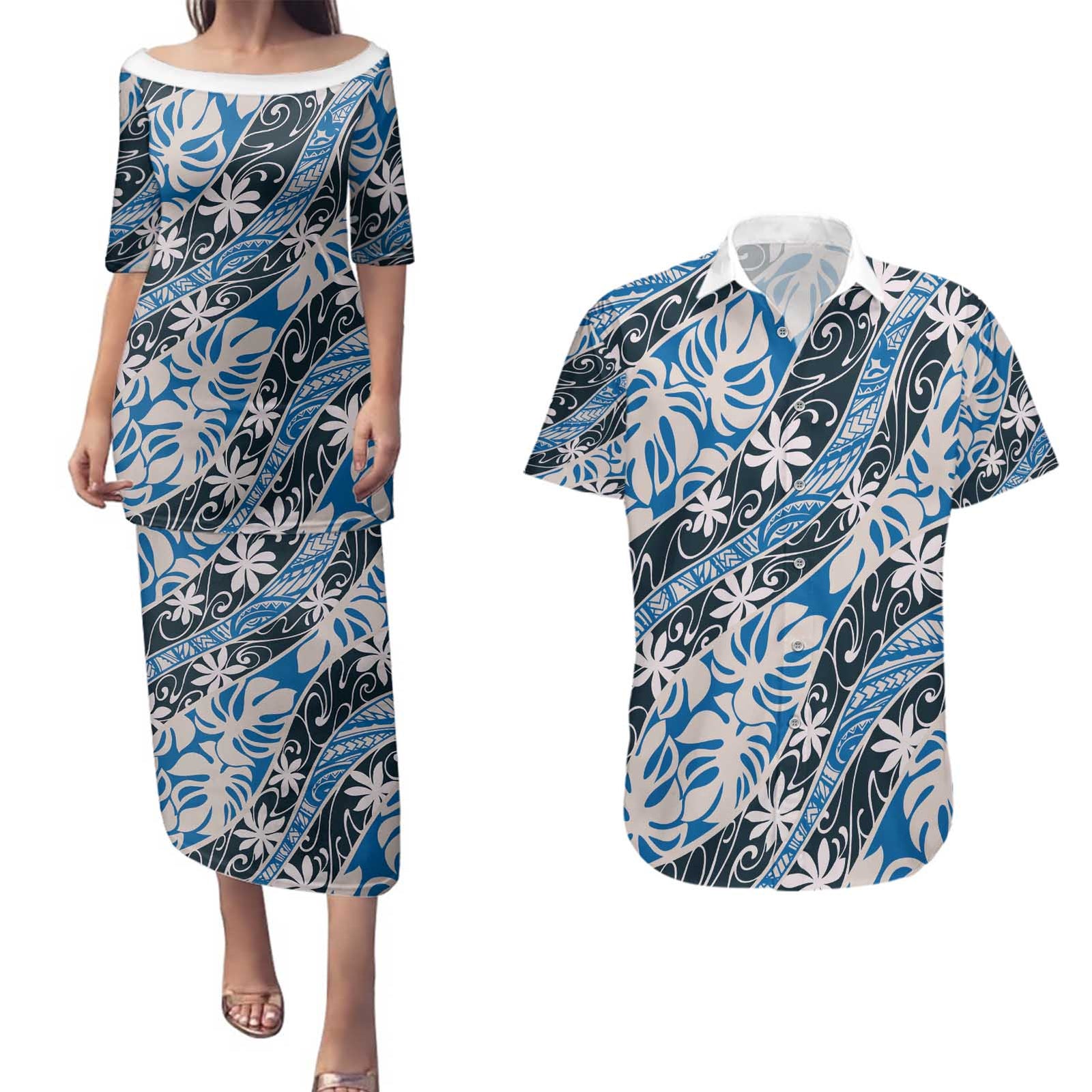 Ninamu Tahiti Tiare Monstera Couples Matching Puletasi and Hawaiian Shirt Polynesian Pattern Curve Style - Polynesian Pride