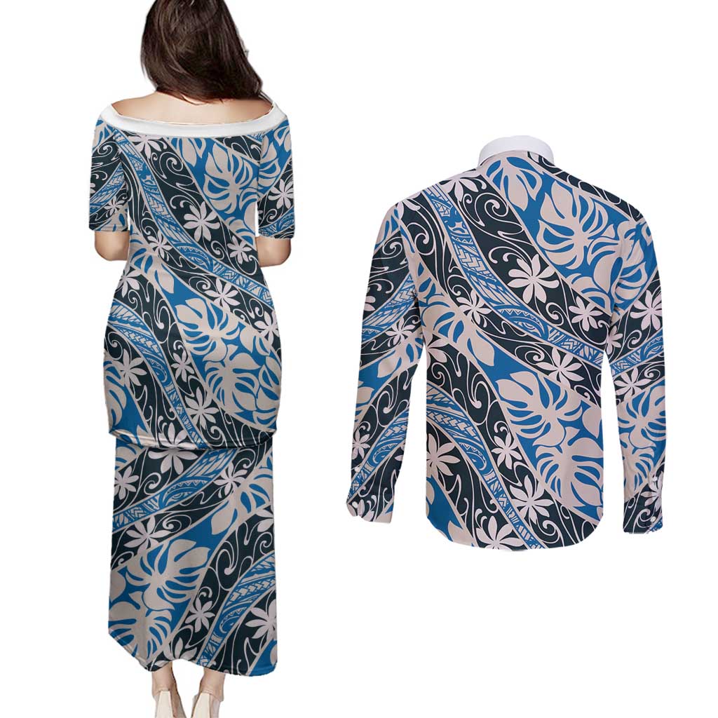 Ninamu Tahiti Tiare Monstera Couples Matching Puletasi and Long Sleeve Button Shirt Polynesian Pattern Curve Style - Polynesian Pride
