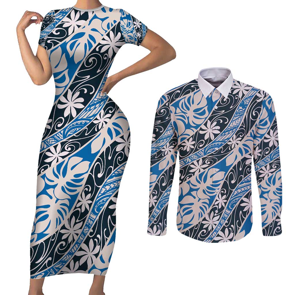 Ninamu Tahiti Tiare Monstera Couples Matching Short Sleeve Bodycon Dress and Long Sleeve Button Shirt Polynesian Pattern Curve Style - Polynesian Pride