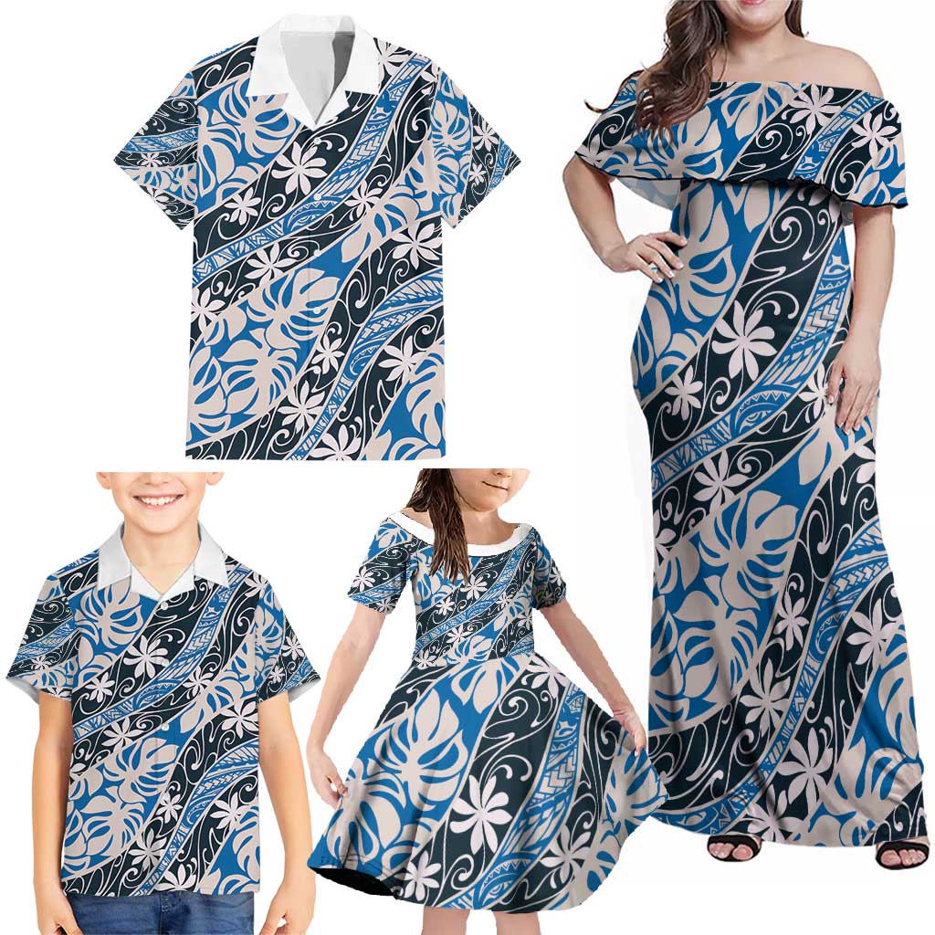 Ninamu Tahiti Tiare Monstera Family Matching Off Shoulder Maxi Dress and Hawaiian Shirt Polynesian Pattern Curve Style - Polynesian Pride