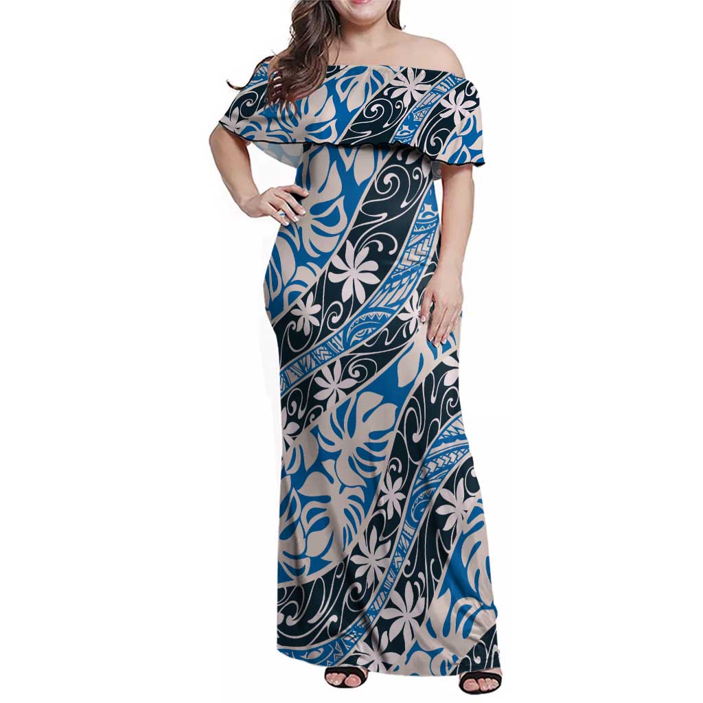 Ninamu Tahiti Tiare Monstera Family Matching Off Shoulder Maxi Dress and Hawaiian Shirt Polynesian Pattern Curve Style - Polynesian Pride