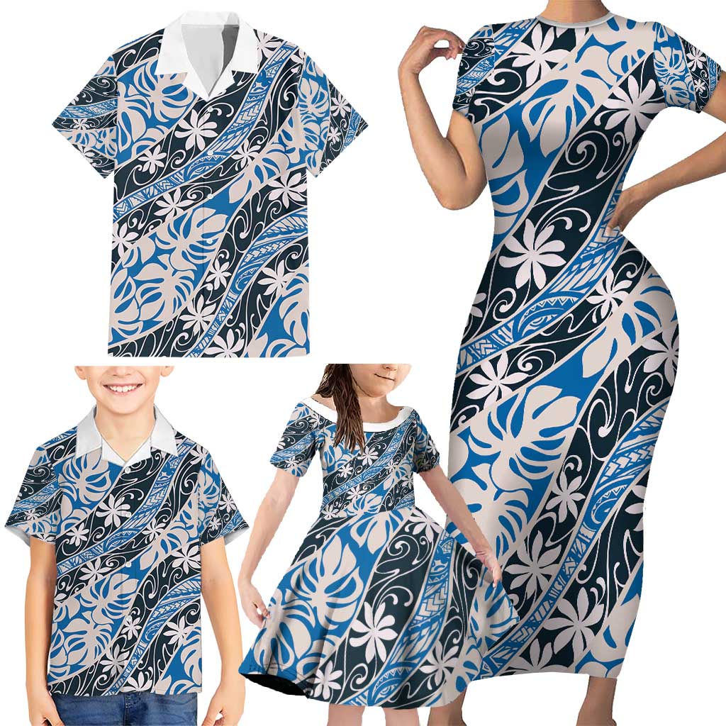 Ninamu Tahiti Tiare Monstera Family Matching Short Sleeve Bodycon Dress and Hawaiian Shirt Polynesian Pattern Curve Style - Polynesian Pride