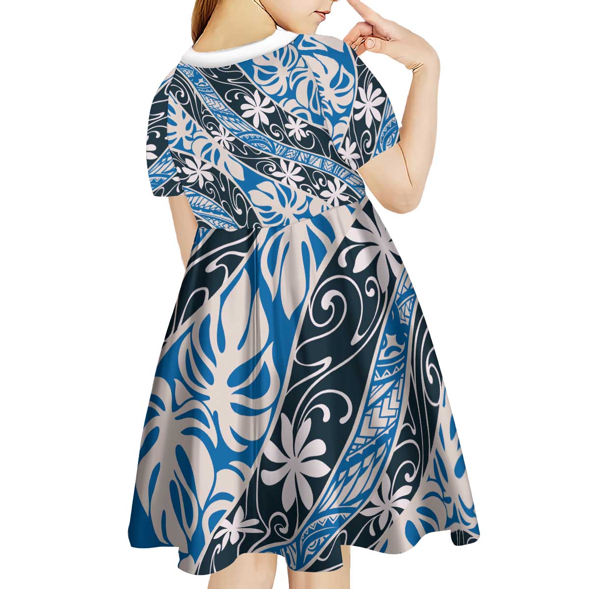 Ninamu Tahiti Tiare Monstera Kid Short Sleeve Dress Polynesian Pattern Curve Style - Polynesian Pride