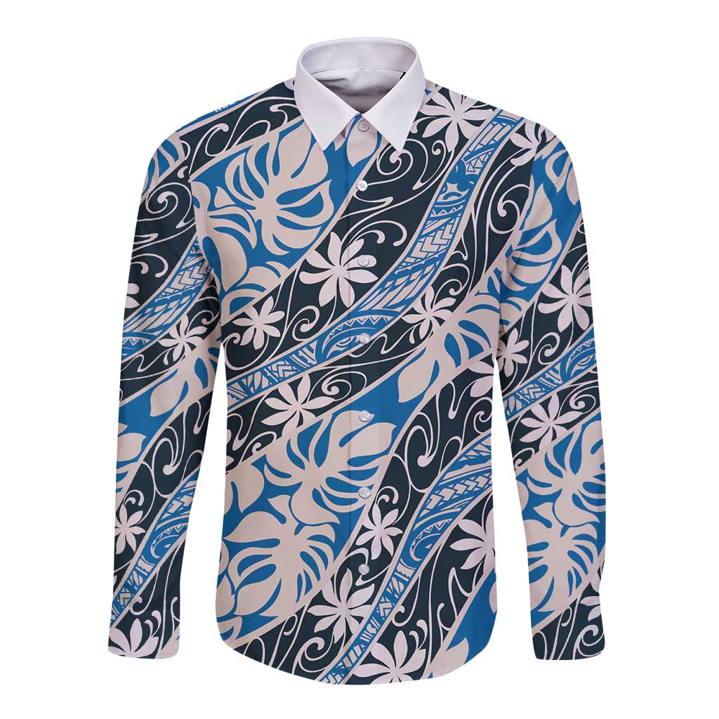 Ninamu Tahiti Tiare Monstera Long Sleeve Button Shirt Polynesian Pattern Curve Style - Polynesian Pride