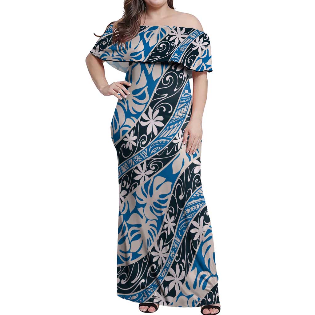Ninamu Tahiti Tiare Monstera Off Shoulder Maxi Dress Polynesian Pattern Curve Style - Polynesian Pride
