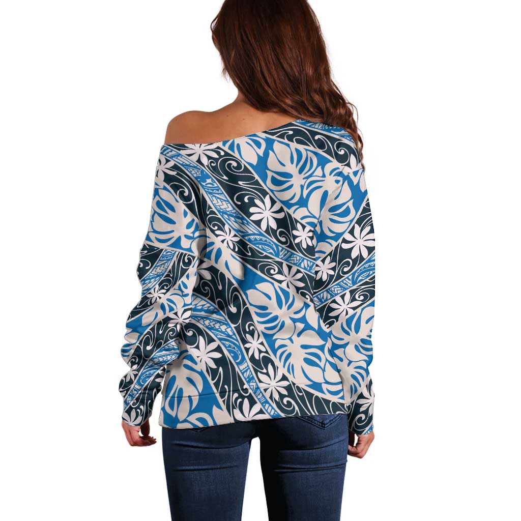 Ninamu Tahiti Tiare Monstera Off Shoulder Sweater Polynesian Pattern Curve Style - Polynesian Pride