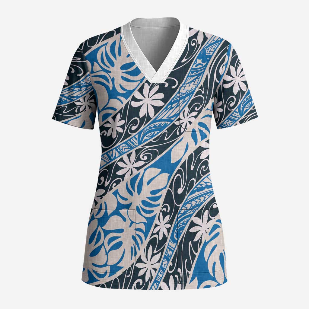 Ninamu Tahiti Tiare Monstera Scrub Top Polynesian Pattern Curve Style - Polynesian Pride