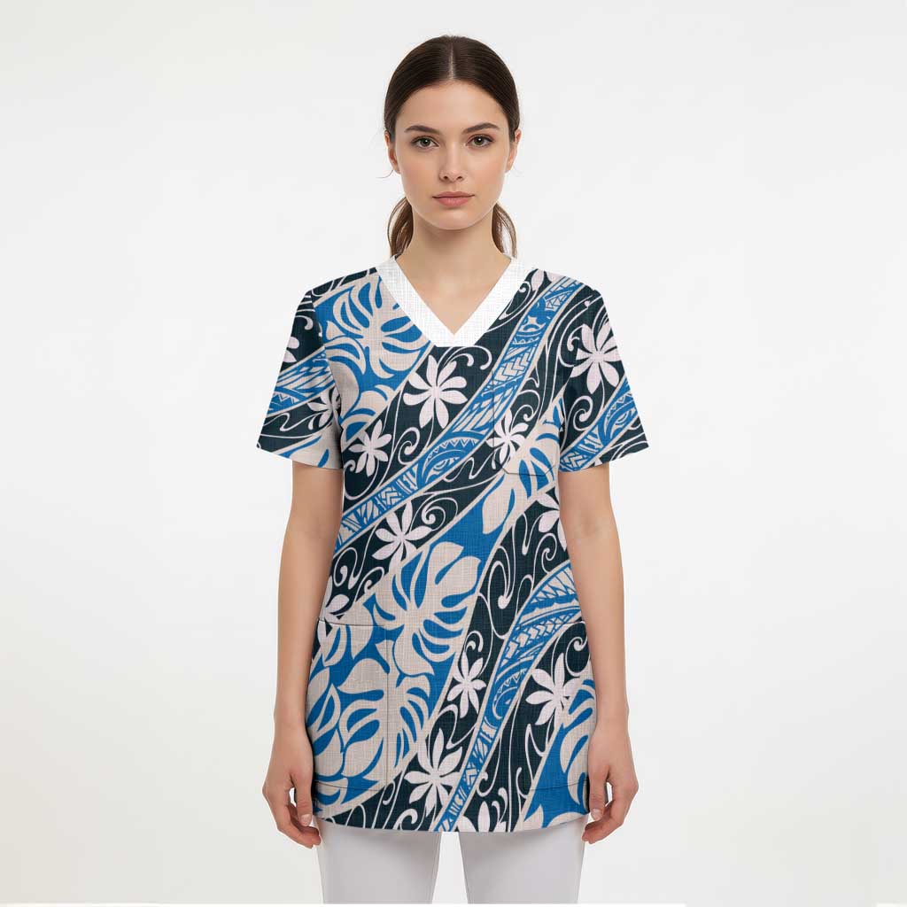 Ninamu Tahiti Tiare Monstera Scrub Top Polynesian Pattern Curve Style - Polynesian Pride