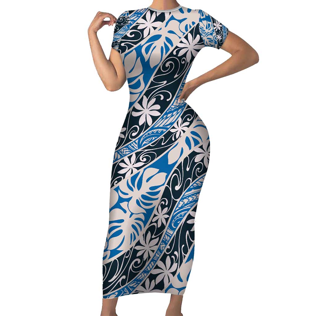 Ninamu Tahiti Tiare Monstera Short Sleeve Bodycon Dress Polynesian Pattern Curve Style - Polynesian Pride