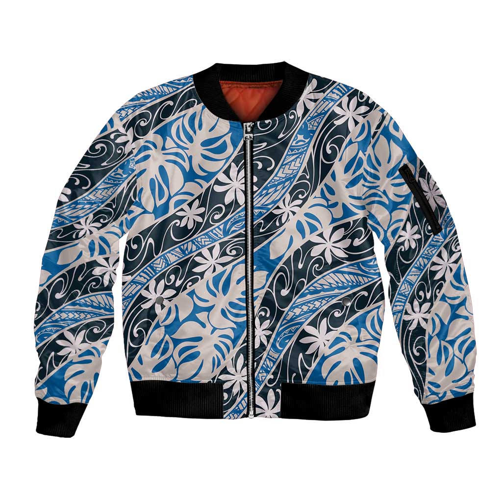 Ninamu Tahiti Tiare Monstera Sleeve Zip Bomber Jacket Polynesian Pattern Curve Style - Polynesian Pride