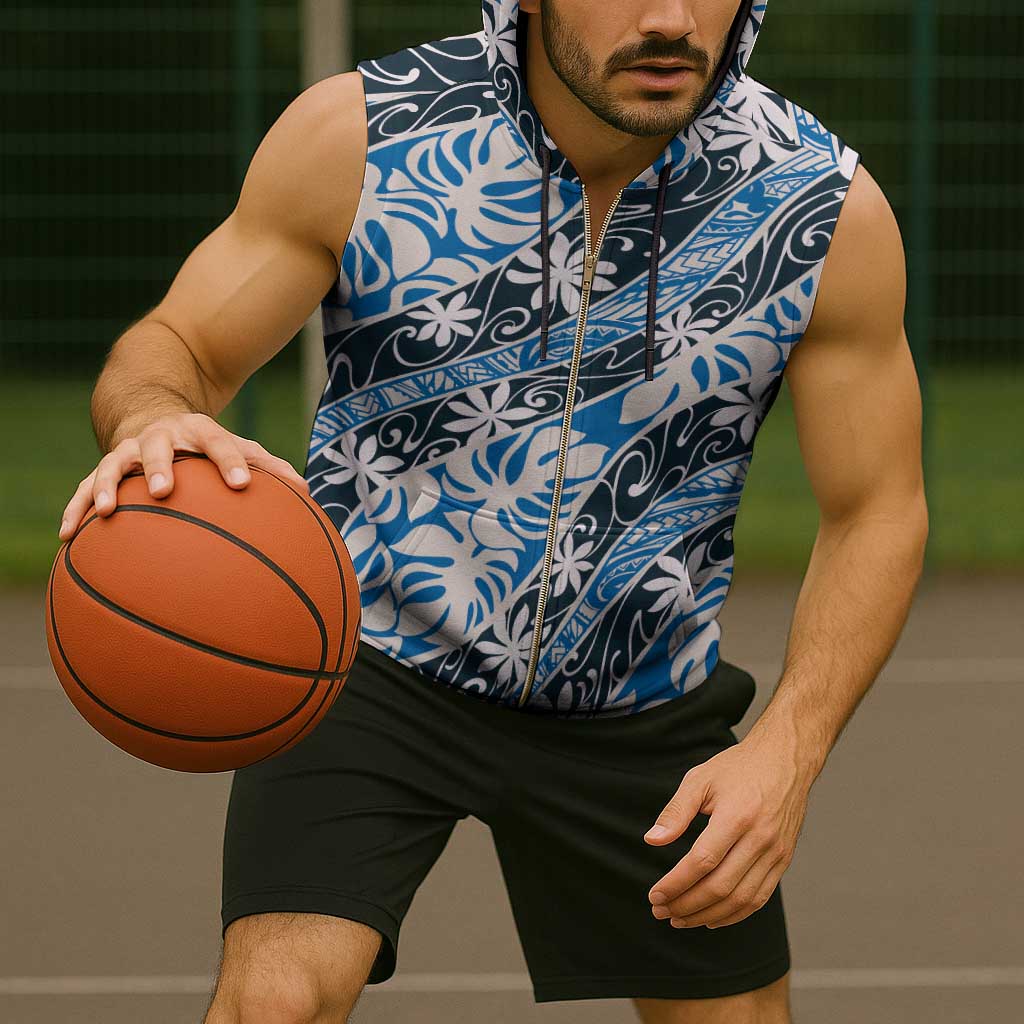 Ninamu Tahiti Tiare Monstera Sleeveless Zip Hoodie Polynesian Pattern Curve Style - Polynesian Pride