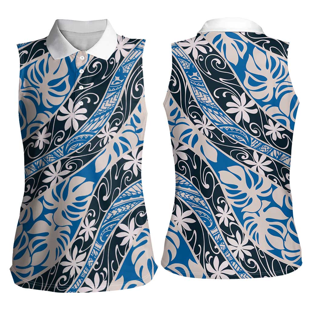 Ninamu Tahiti Tiare Monstera Women Sleeveless Polo Shirt Polynesian Pattern Curve Style - Polynesian Pride