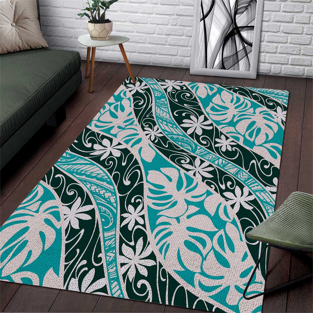 Cyan Tahiti Tiare Monstera Area Rug Polynesian Pattern Curve Style - Polynesian Pride
