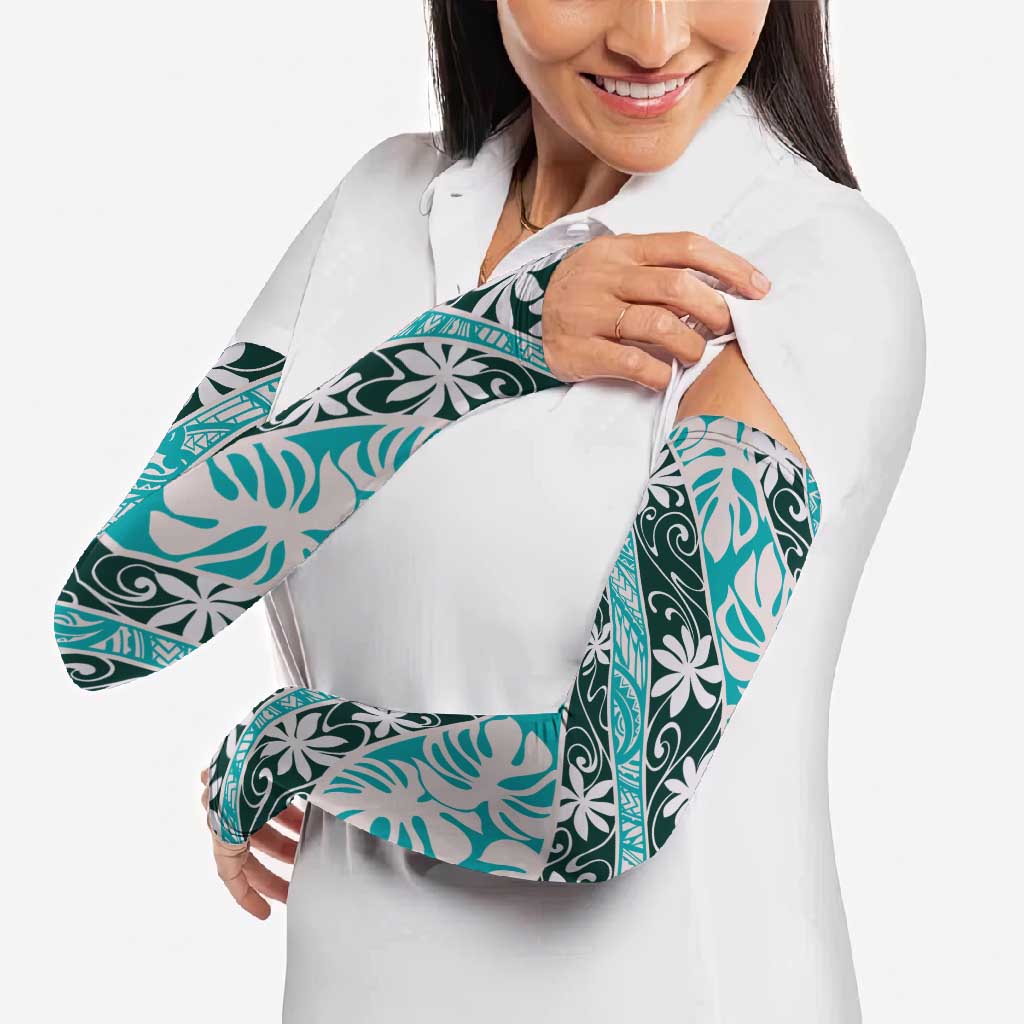 Cyan Tahiti Tiare Monstera Arm Sleeves Polynesian Pattern Curve Style - Polynesian Pride