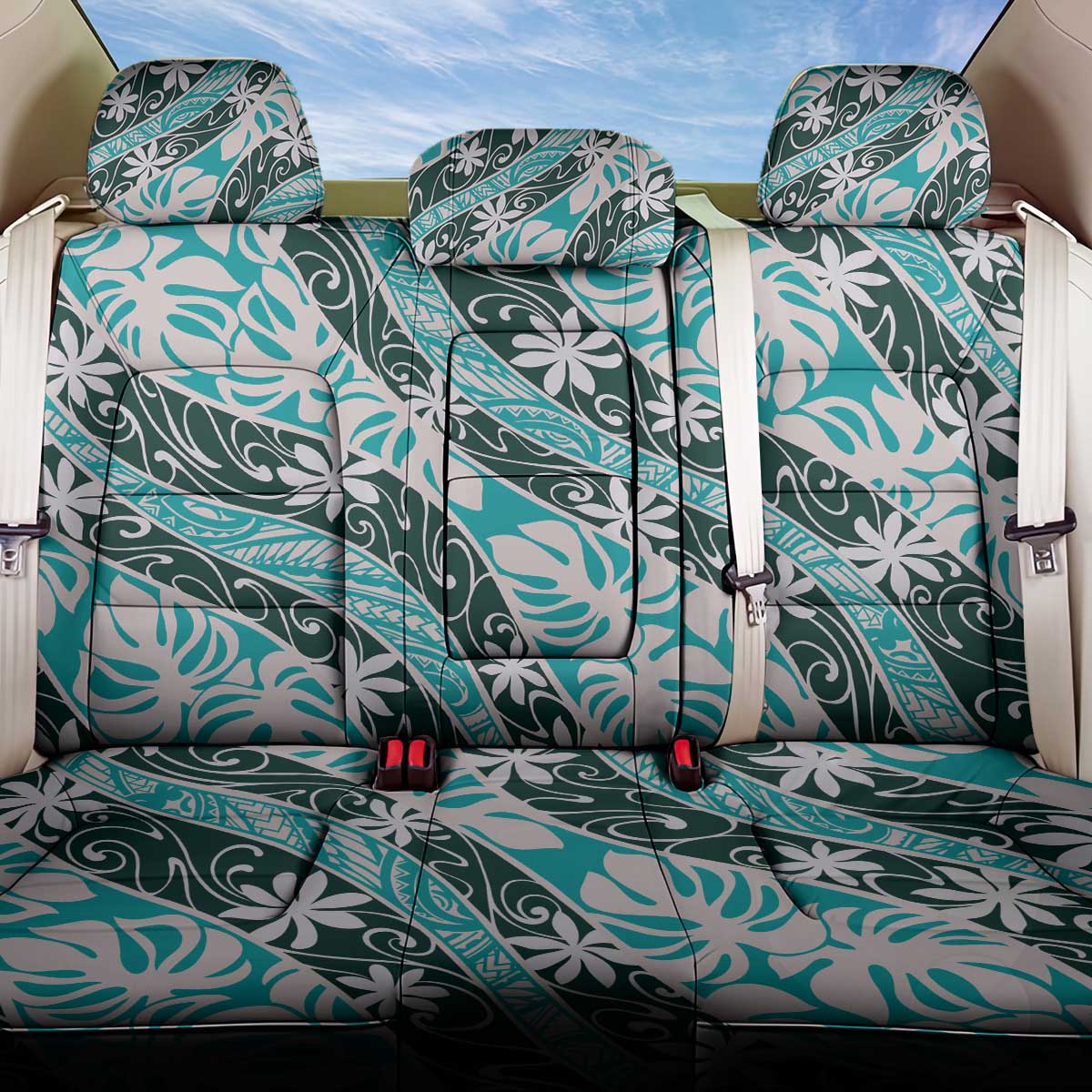 Cyan Tahiti Tiare Monstera Back Car Seat Cover Polynesian Pattern Curve Style - Polynesian Pride