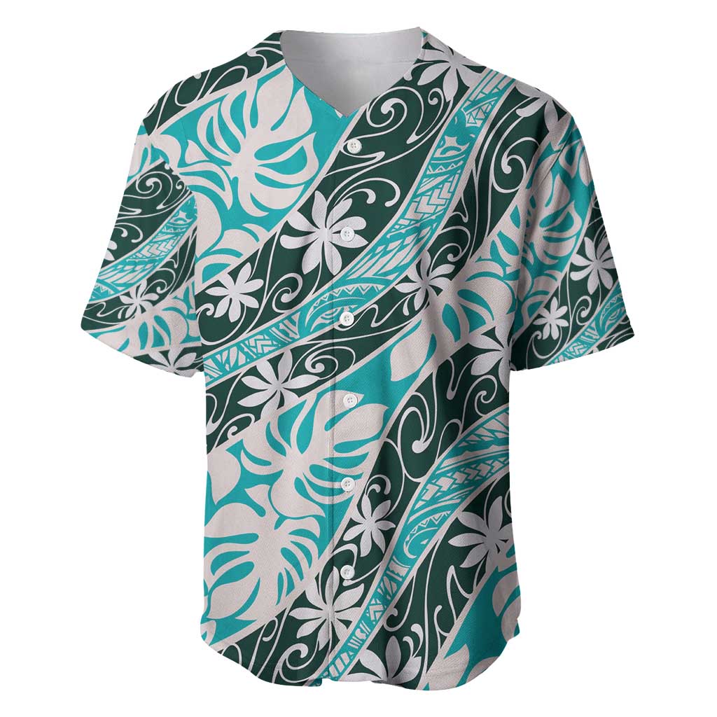 Cyan Tahiti Tiare Monstera Baseball Jersey Polynesian Pattern Curve Style - Polynesian Pride