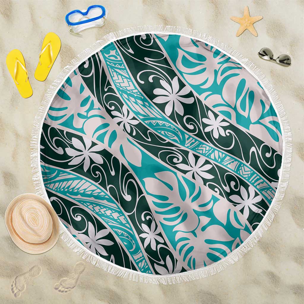 Cyan Tahiti Tiare Monstera Beach Blanket Polynesian Pattern Curve Style - Polynesian Pride