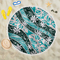 Cyan Tahiti Tiare Monstera Beach Blanket Polynesian Pattern Curve Style - Polynesian Pride
