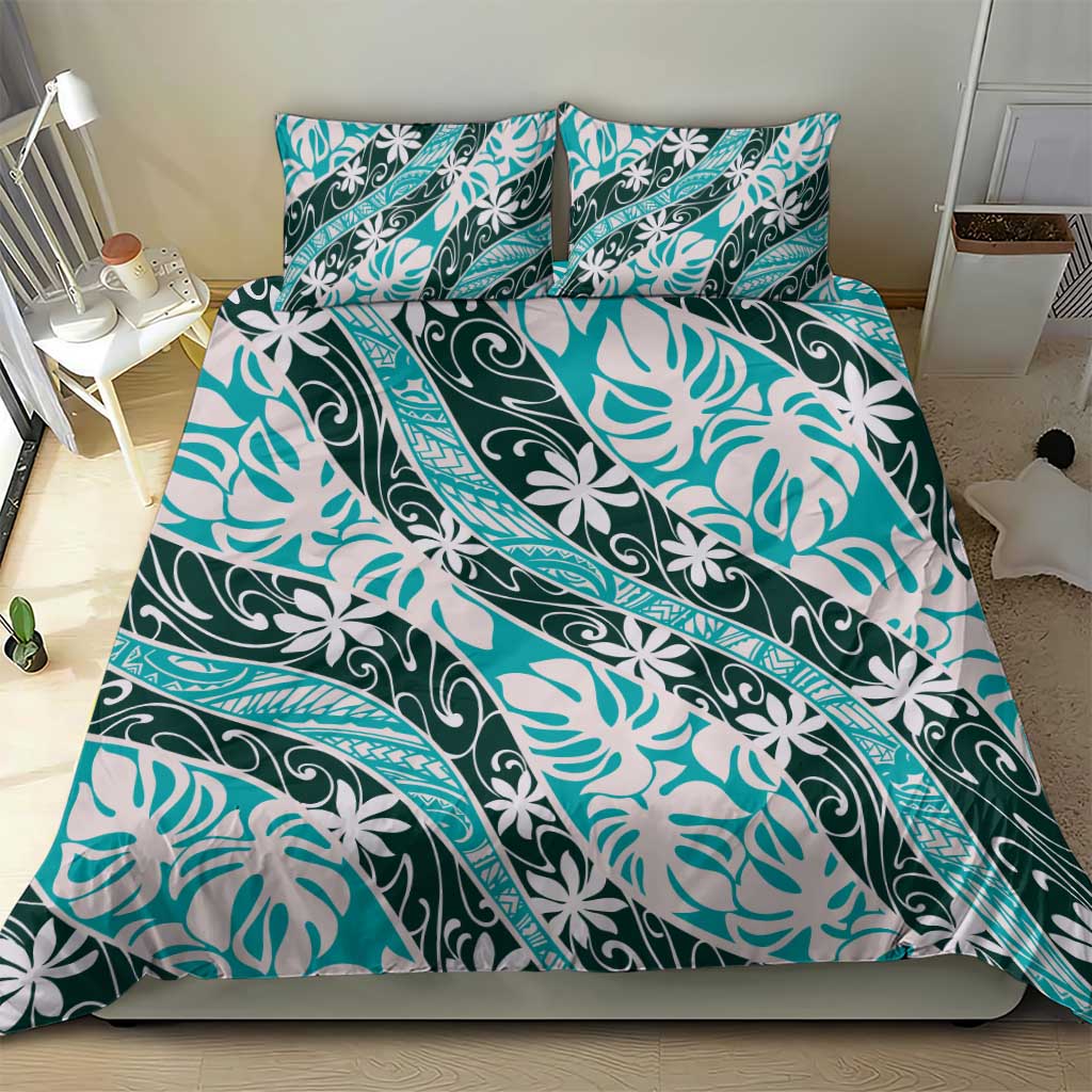 Cyan Tahiti Tiare Monstera Bedding Set Polynesian Pattern Curve Style - Polynesian Pride