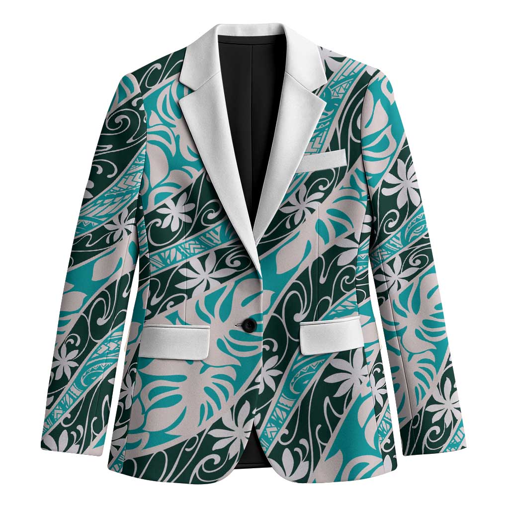 Cyan Tahiti Tiare Monstera Blazer Polynesian Pattern Curve Style - Polynesian Pride