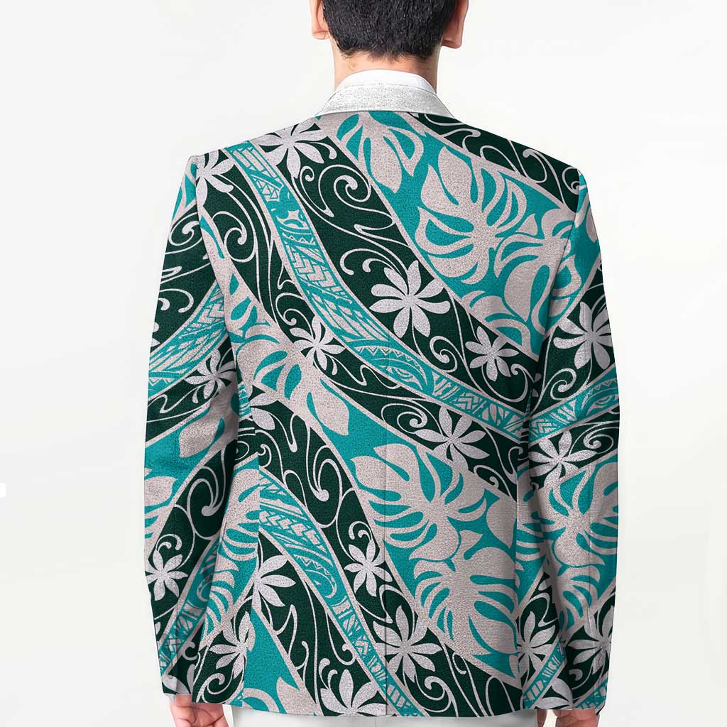 Cyan Tahiti Tiare Monstera Blazer Polynesian Pattern Curve Style - Polynesian Pride
