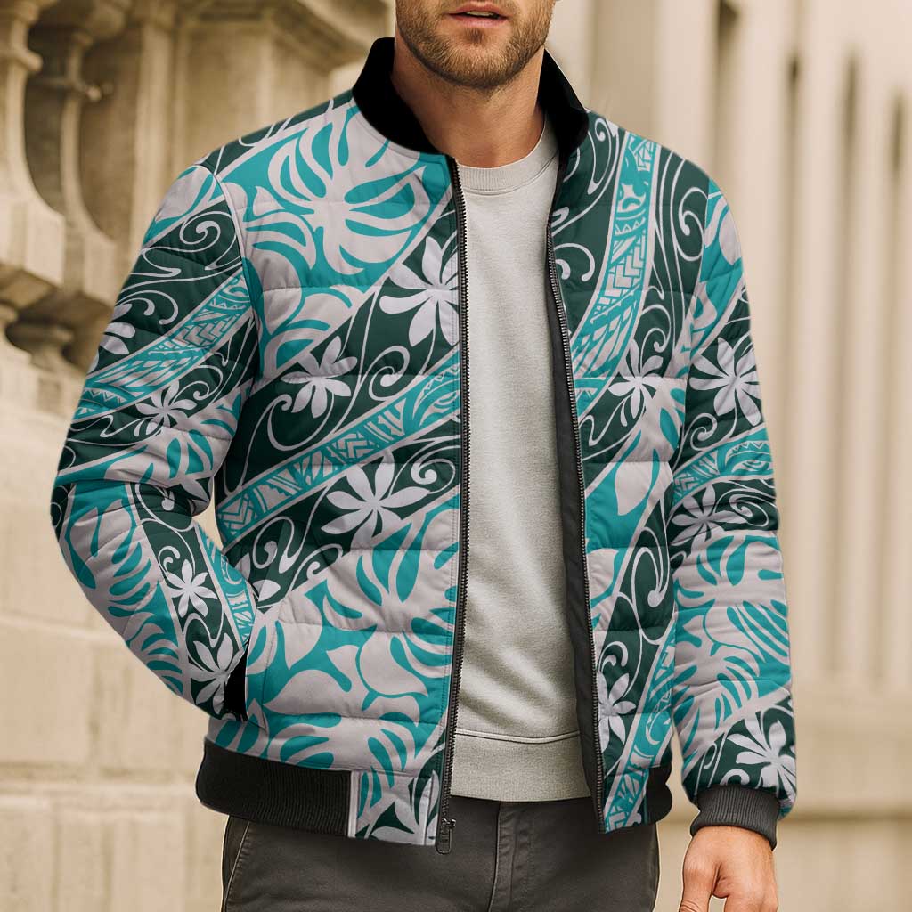 Cyan Tahiti Tiare Monstera Bomber Puffer Jacket Polynesian Pattern Curve Style - Polynesian Pride