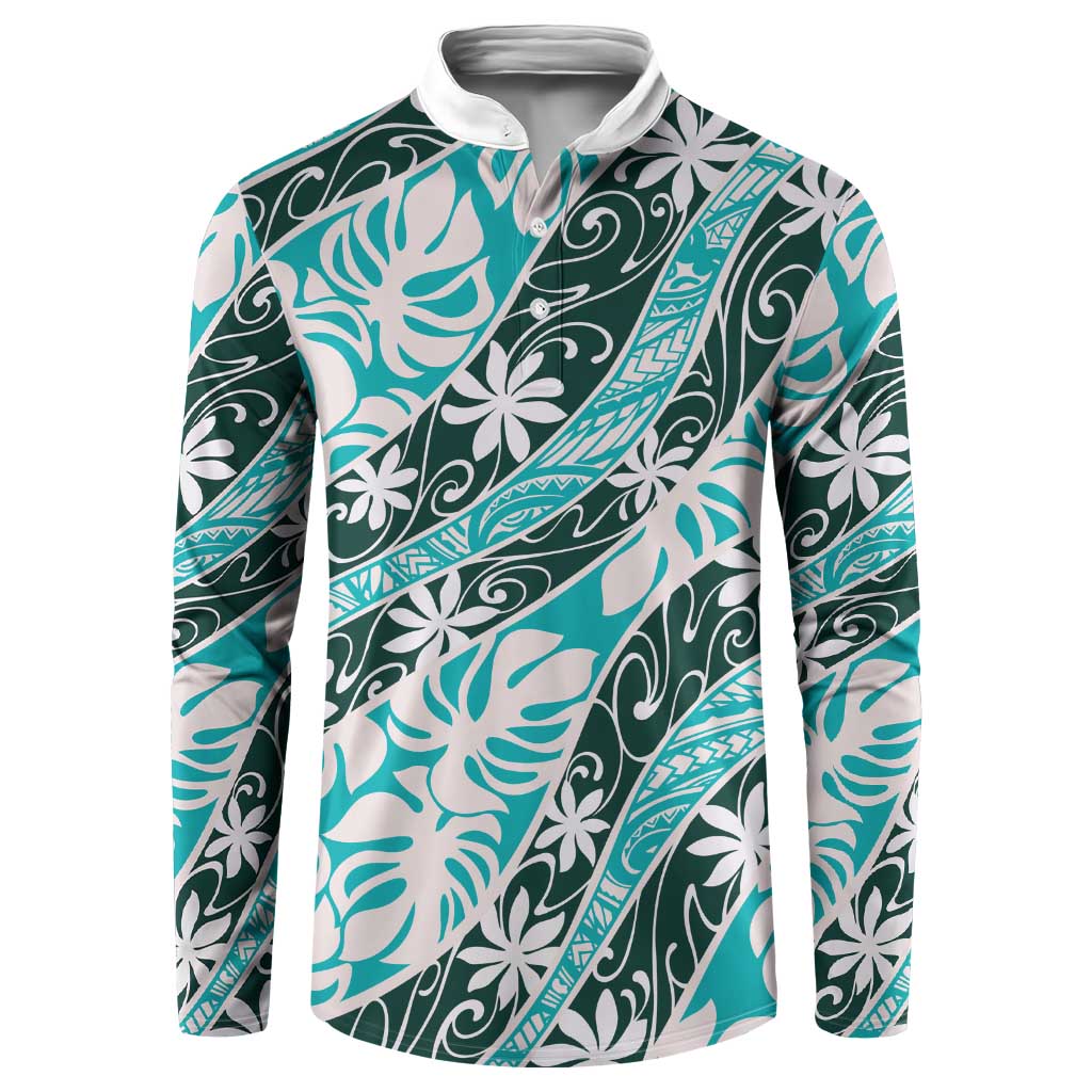 Cyan Tahiti Tiare Monstera Button Sweatshirt Polynesian Pattern Curve Style - Polynesian Pride