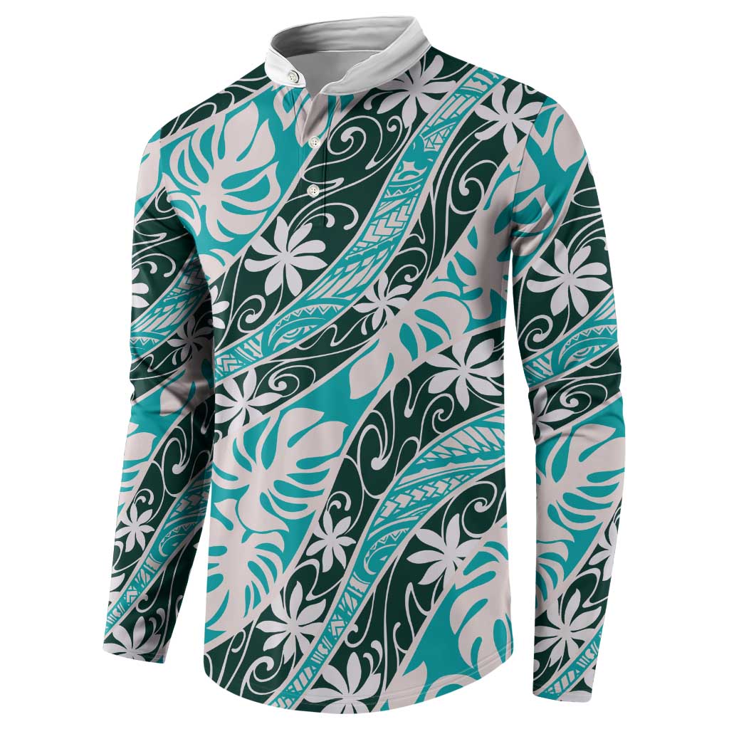 Cyan Tahiti Tiare Monstera Button Sweatshirt Polynesian Pattern Curve Style - Polynesian Pride