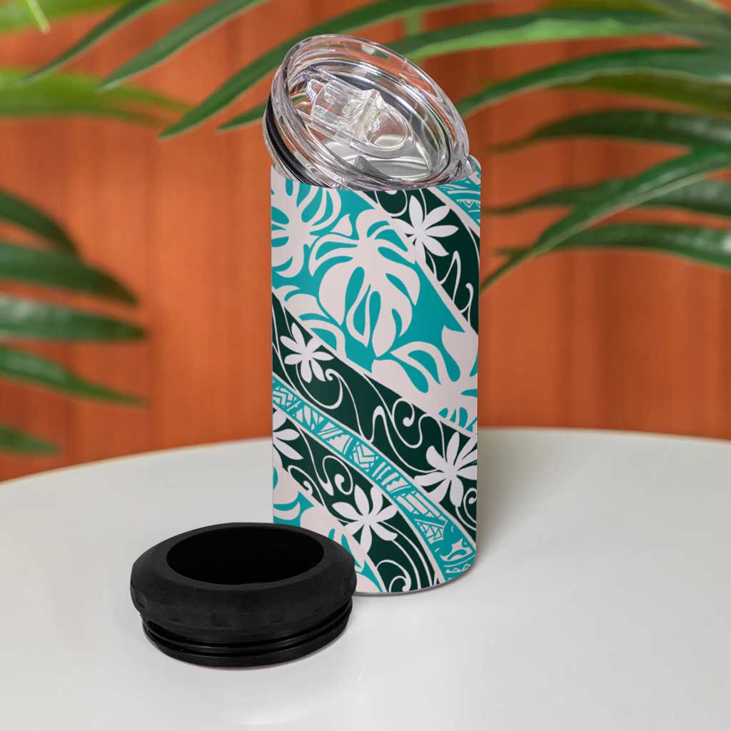 Cyan Tahiti Tiare Monstera 4 in 1 Can Cooler Tumbler Polynesian Pattern Curve Style - Polynesian Pride