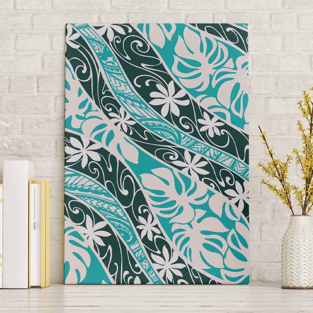 Cyan Tahiti Tiare Monstera Canvas Wall Art Polynesian Pattern Curve Style - Polynesian Pride