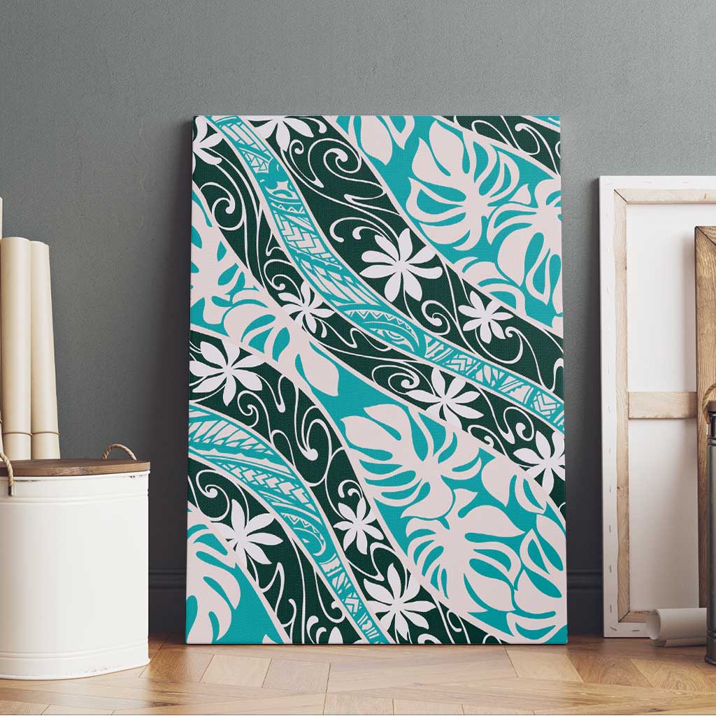 Cyan Tahiti Tiare Monstera Canvas Wall Art Polynesian Pattern Curve Style - Polynesian Pride