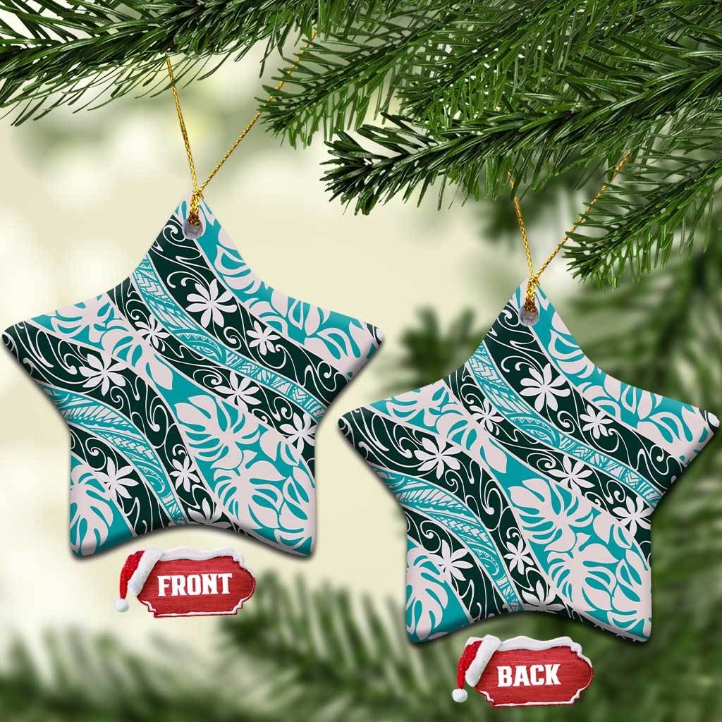 Cyan Tahiti Tiare Monstera Ceramic Ornament Polynesian Pattern Curve Style - Polynesian Pride