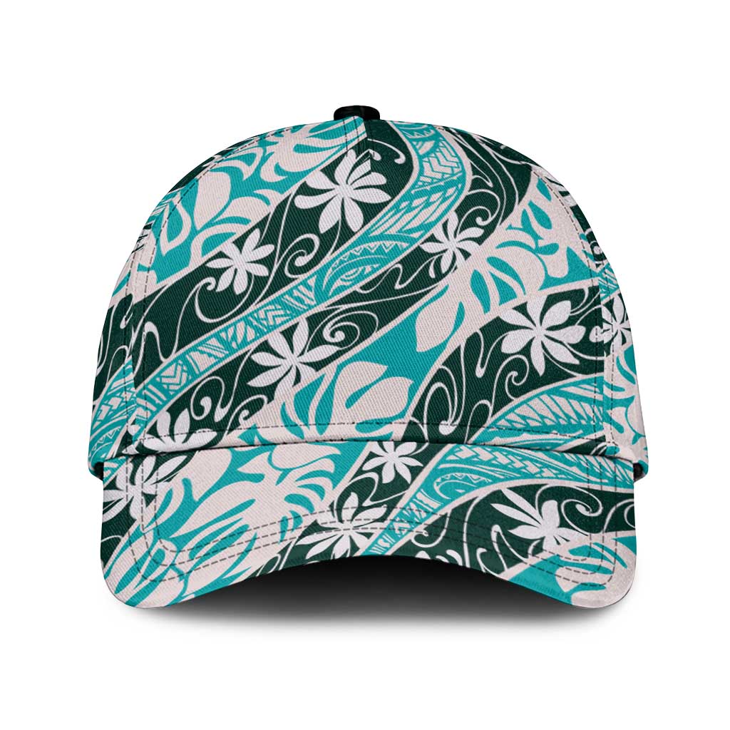 Cyan Tahiti Tiare Monstera Classic Cap Polynesian Pattern Curve Style - Polynesian Pride