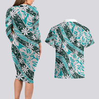 Cyan Tahiti Tiare Monstera Couples Matching Long Sleeve Bodycon Dress and Hawaiian Shirt Polynesian Pattern Curve Style - Polynesian Pride