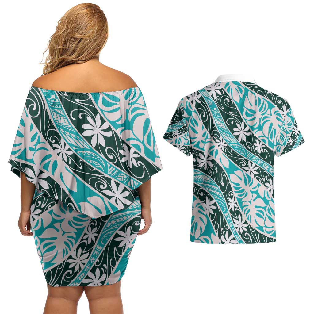 Cyan Tahiti Tiare Monstera Couples Matching Off Shoulder Short Dress and Hawaiian Shirt Polynesian Pattern Curve Style - Polynesian Pride