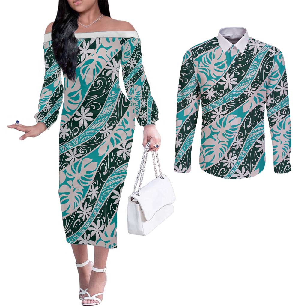 Cyan Tahiti Tiare Monstera Couples Matching Off The Shoulder Long Sleeve Dress and Long Sleeve Button Shirt Polynesian Pattern Curve Style - Polynesian Pride