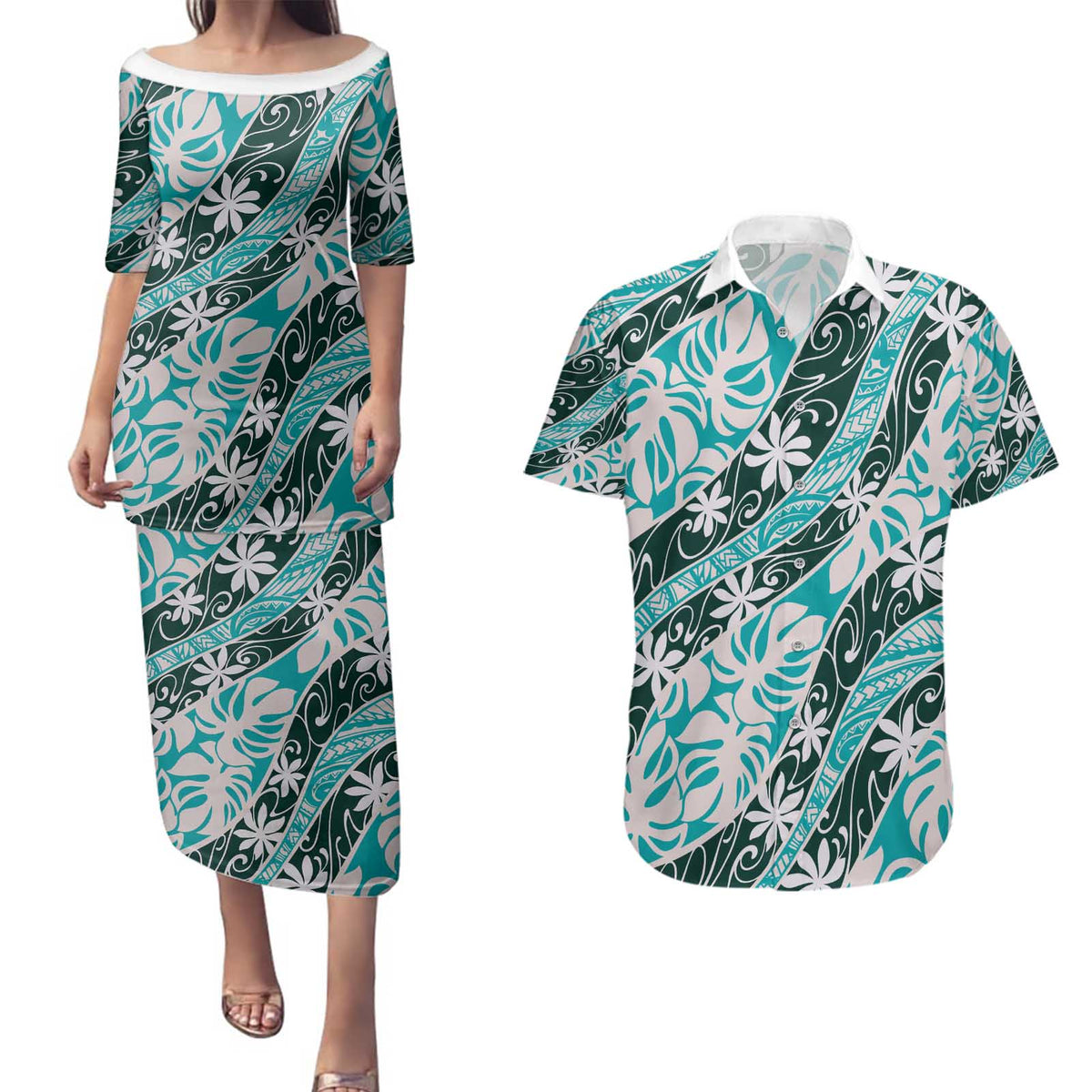 Cyan Tahiti Tiare Monstera Couples Matching Puletasi and Hawaiian Shirt Polynesian Pattern Curve Style - Polynesian Pride