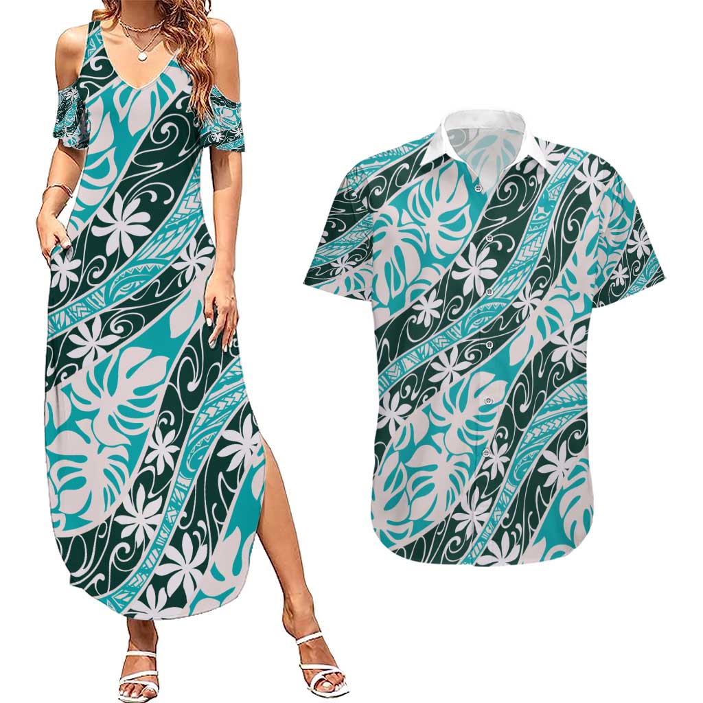 Cyan Tahiti Tiare Monstera Couples Matching Summer Maxi Dress and Hawaiian Shirt Polynesian Pattern Curve Style - Polynesian Pride