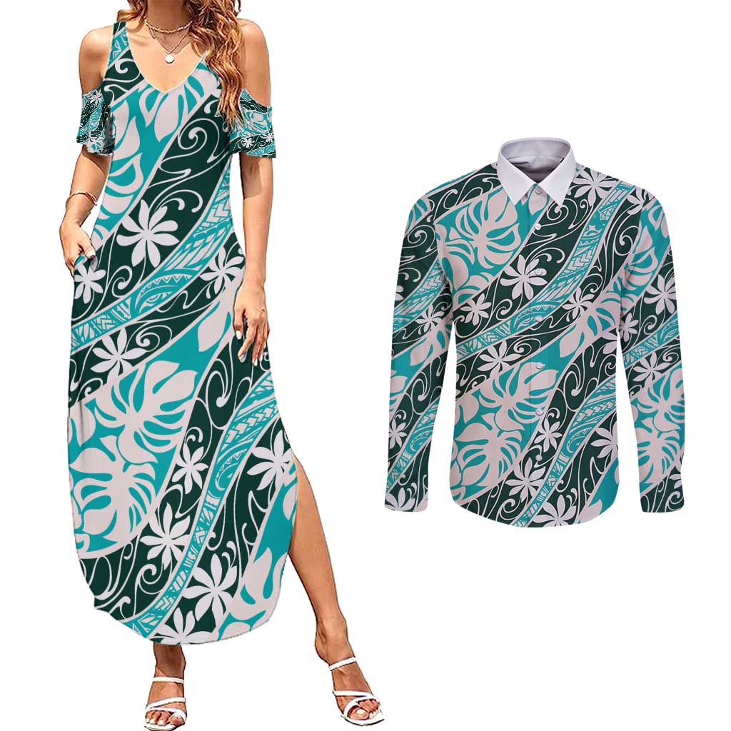 Cyan Tahiti Tiare Monstera Couples Matching Summer Maxi Dress and Long Sleeve Button Shirt Polynesian Pattern Curve Style - Polynesian Pride