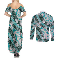 Cyan Tahiti Tiare Monstera Couples Matching Summer Maxi Dress and Long Sleeve Button Shirt Polynesian Pattern Curve Style - Polynesian Pride
