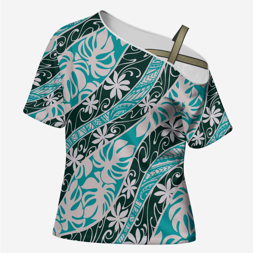 Cyan Tahiti Tiare Monstera Cross Shoulder Shirt Polynesian Pattern Curve Style - Polynesian Pride
