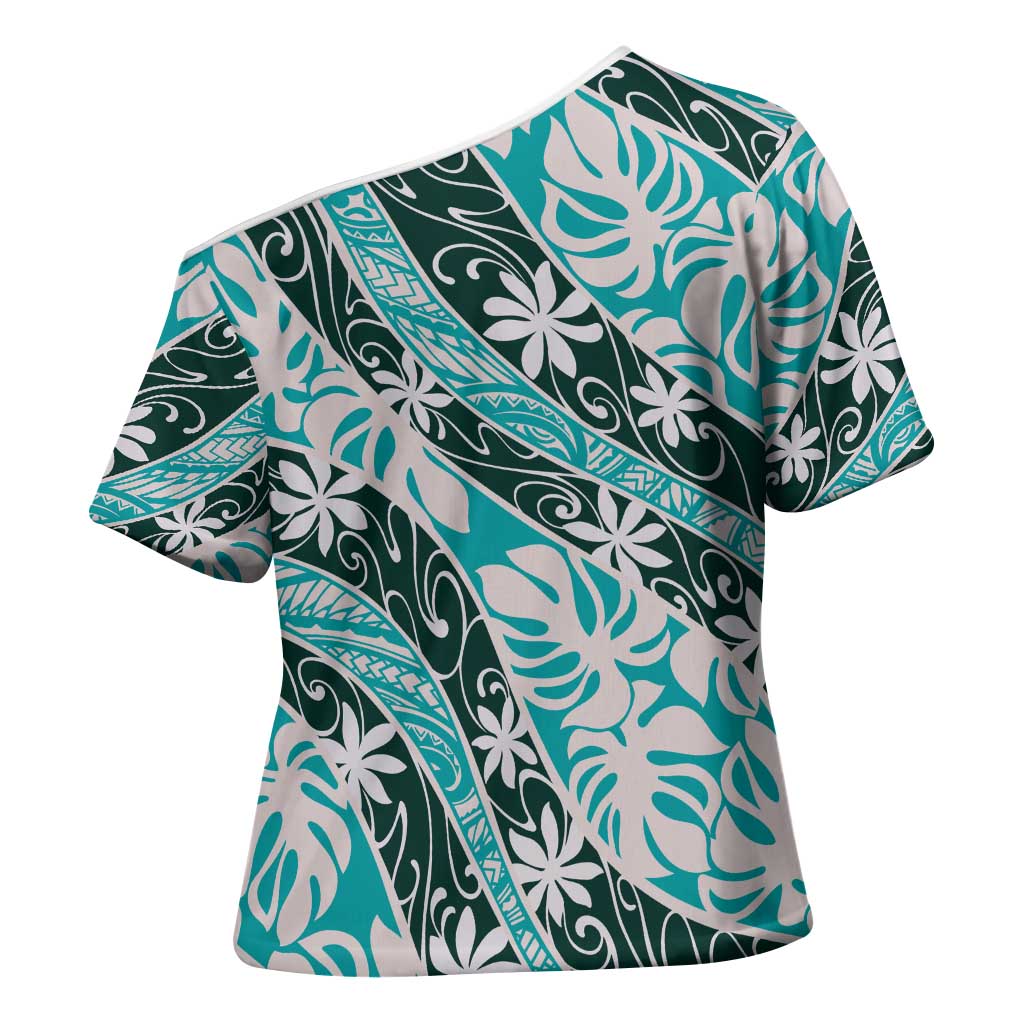 Cyan Tahiti Tiare Monstera Cross Shoulder Shirt Polynesian Pattern Curve Style - Polynesian Pride